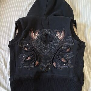 Beautiful Black Embroidered Hooded Fur Vest
